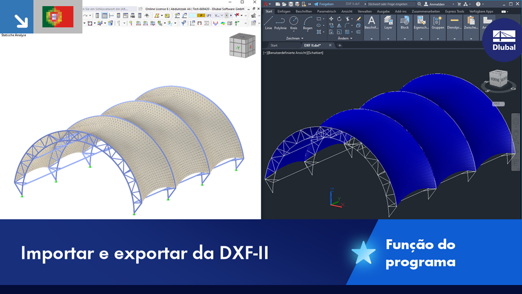 Visualização das opções de importação e exportação no formato DXF no software através de um modelo de exemplo.