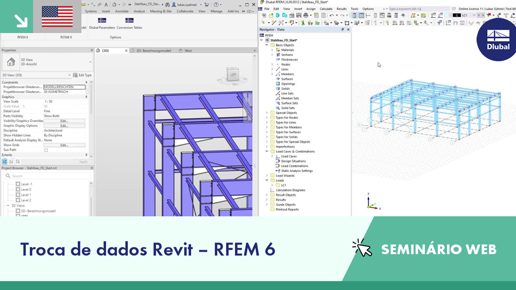 Ecrã com conteúdo do seminário web sobre troca de dados do Revit para o RFEM 6 com explicações detalhadas.