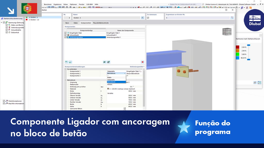 O componente "Elemento de fixação" mostra Âncora em bloco de betão como parte integrante de uma característica do produto.