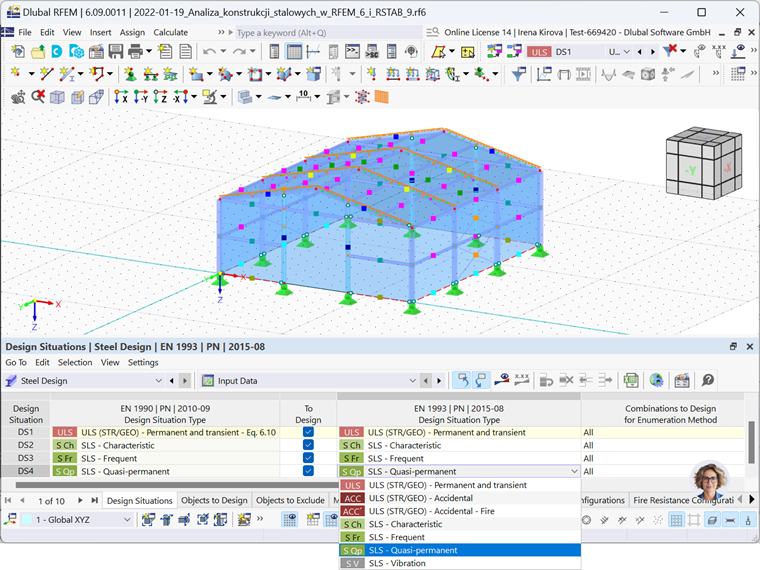 Configuration of design situations for steel design using RFEM 6 interface. Details include material properties, load cases, and combinations.