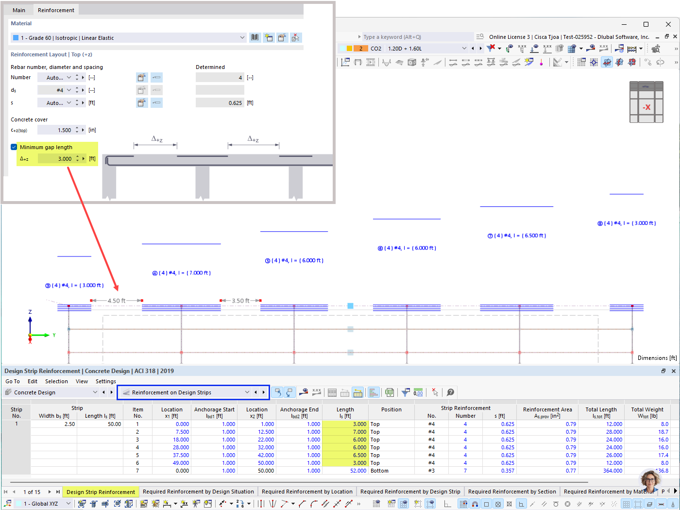 Visualization of reinforcement on design strips in a structural model, showcasing detailed distribution and arrangement of reinforcement bars.