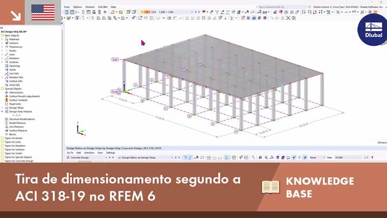 Faixas de dimensionamento configuradas de acordo com ACI 318-19, destacando a distribuição de tensão no RFEM 6 com gradiente de cores.