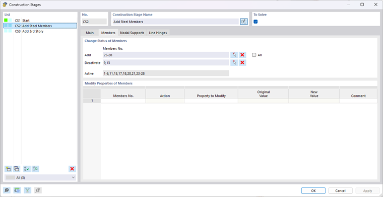 Visualização de objetos estruturais no estado de construção com opções para adicionar e desativar