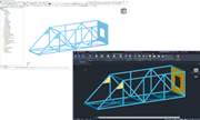 Um modelo estrutural 3D é exportado do software Dlubal para o Advance Steel, apresentado em desenho de construção e vista de perfil.
