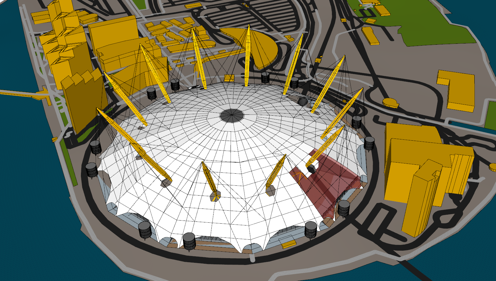 Analysis of the Millennium Dome’s tensile membrane under storm conditions using RWIND to study progressive damage effects.
