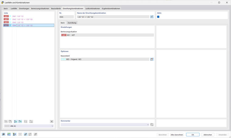 Criação automática de combinações de ações e cargas para fases de construção