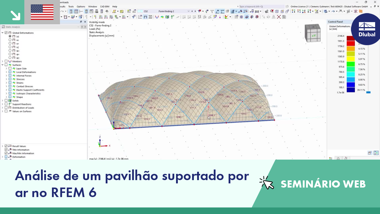 Webinar de análise estrutural de pavilhão suportado por ar utilizando o software RFEM 6 para modelação e avaliação de cargas.
