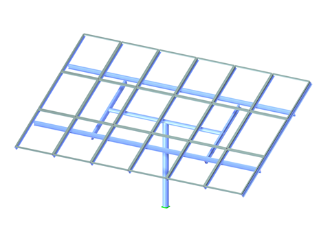 Modelo do RFEM 6 de uma estrutura montada num poste, demonstrando componentes de análise estrutural detalhados e funções de dimensionamento.