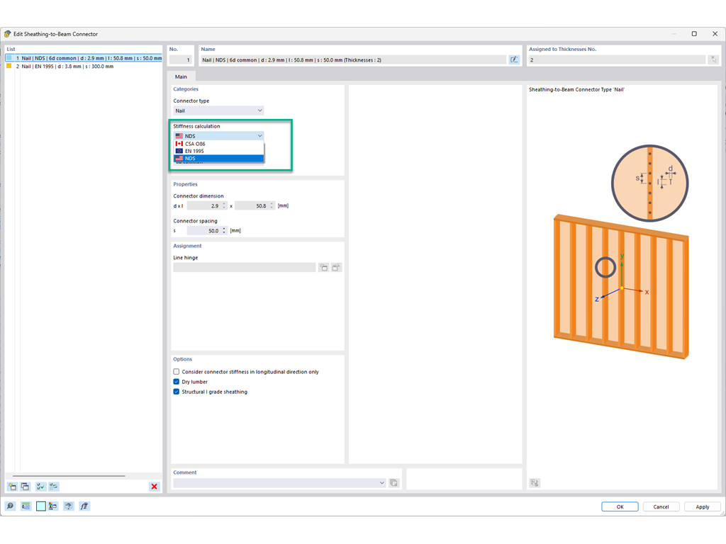 Normas para a rigidez de pregos: EN 1995, NDS e CSA O86 em painéis de vigas. Aplicação de articulações de linha não lineares