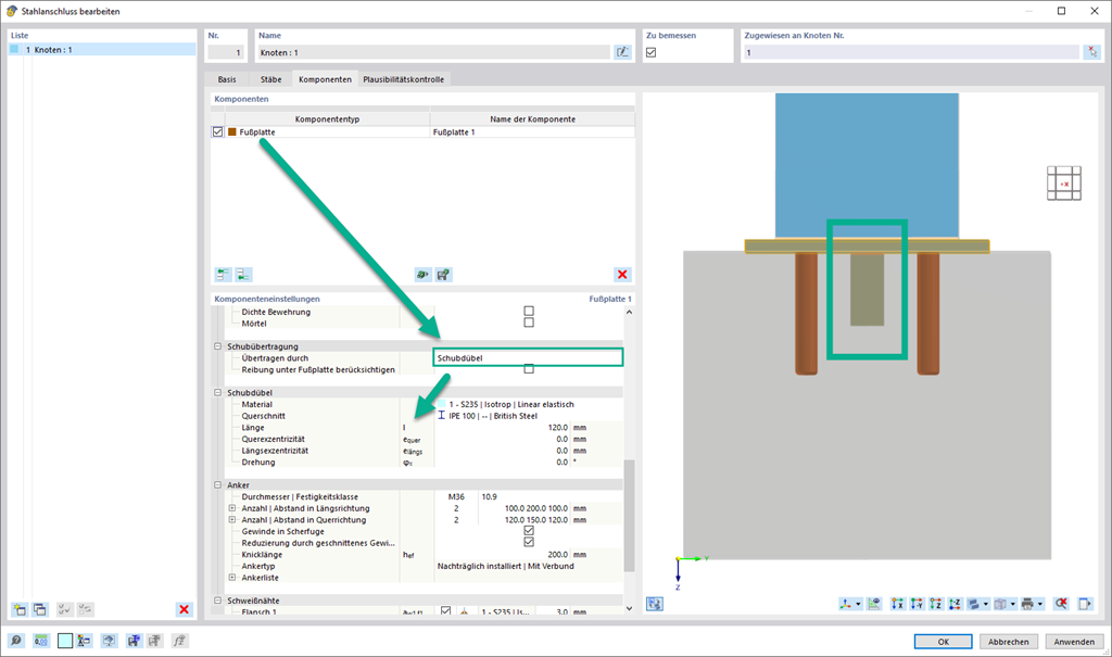 Representação de uma transferência de corte de uma laje de base para um bloco de betão através de chapas de olhal de corte.