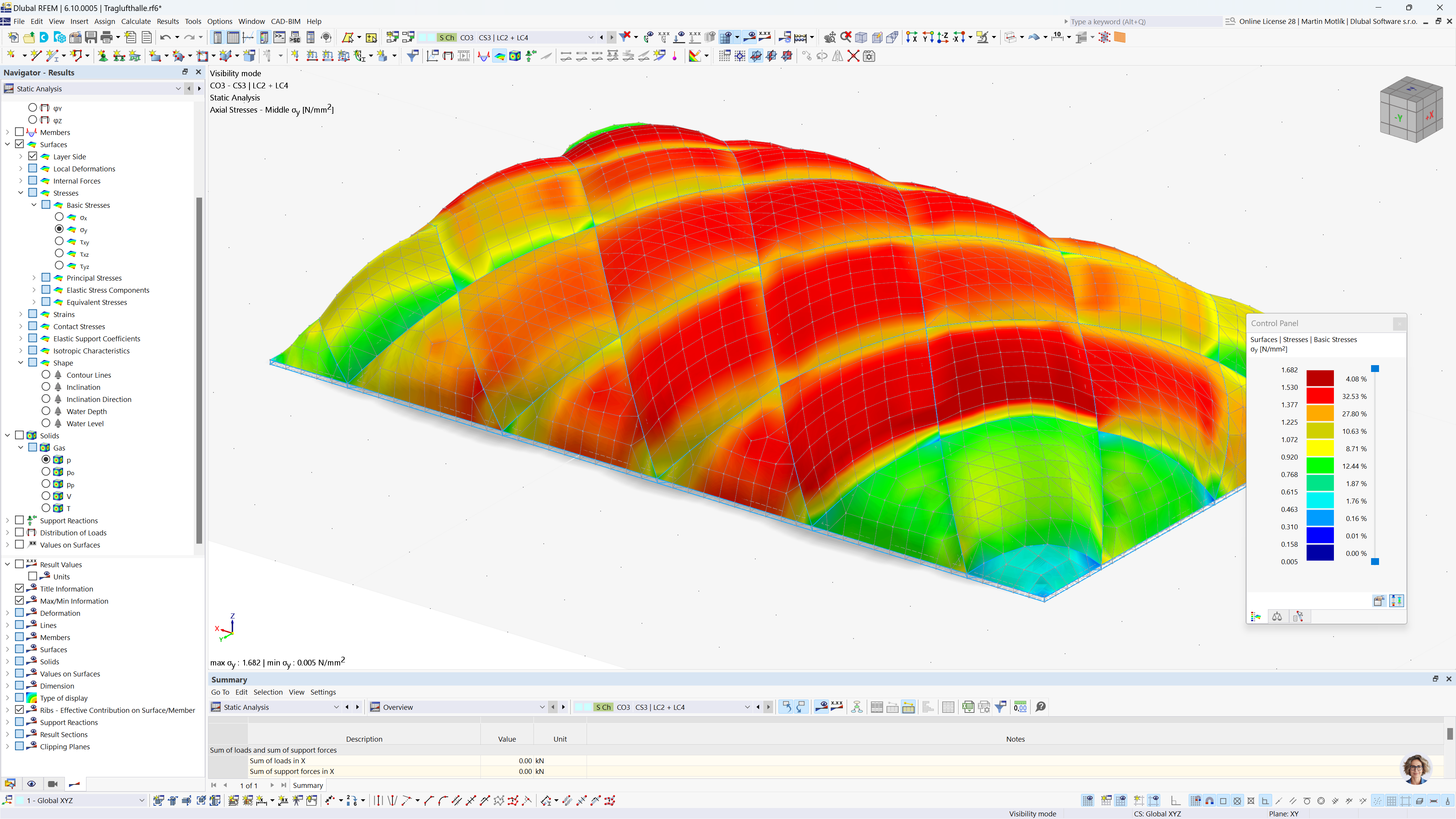 Pavilhão pneumático com cobertura de instalação desportiva mostrando análise de tensões em superfícies com o módulo adicional Form-finding no RFEM 6.