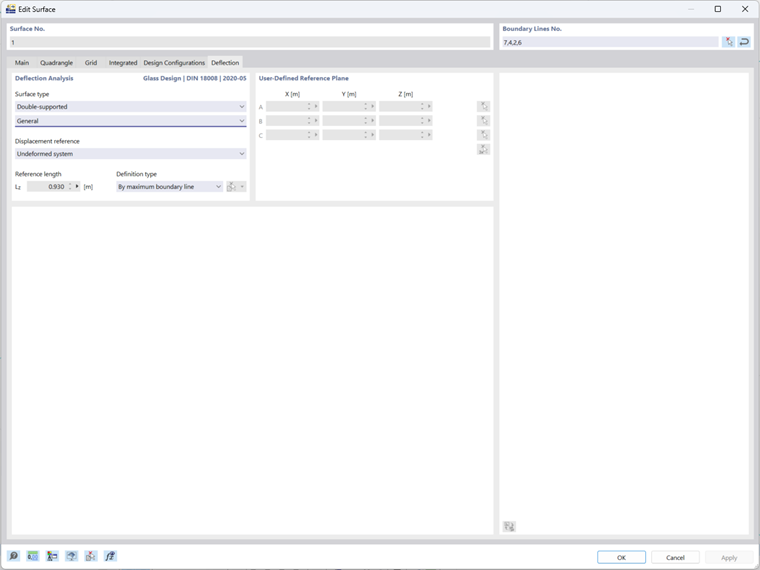 Interface de parâmetros de análise de flechas para dimensionamento de vidro no RFEM 6, com vários parâmetros ajustáveis.
