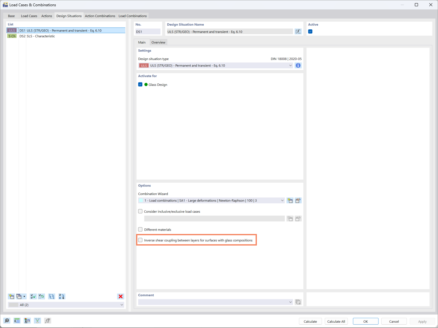 Opção para acoplamento de corte inverso em composições de vidro no separador Situações de dimensionamento no RFEM 6.