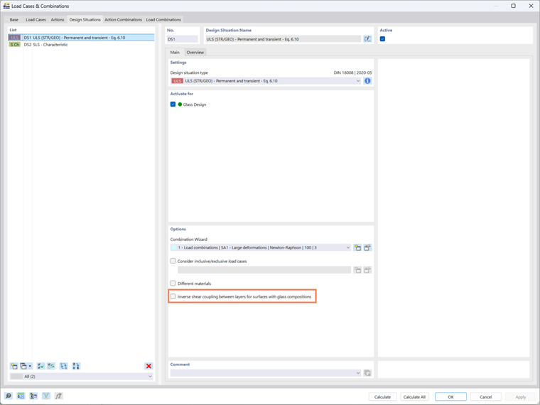 Opção para acoplamento de corte inverso em composições de vidro no separador Situações de dimensionamento no RFEM 6.