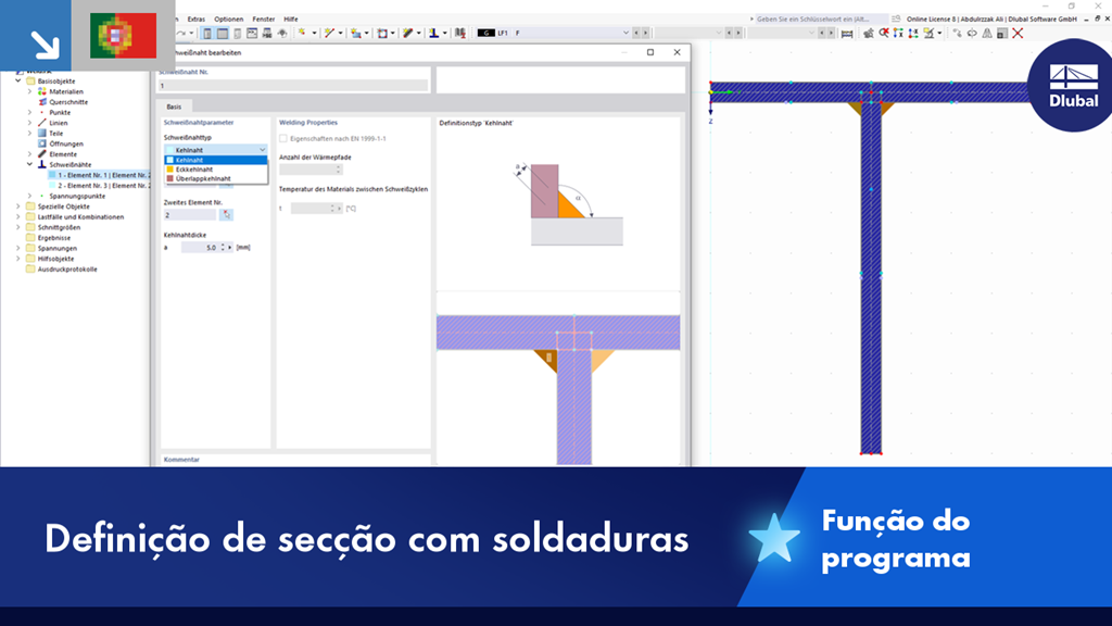 Definição de soldadura e cálculo de tensão num programa de secções.