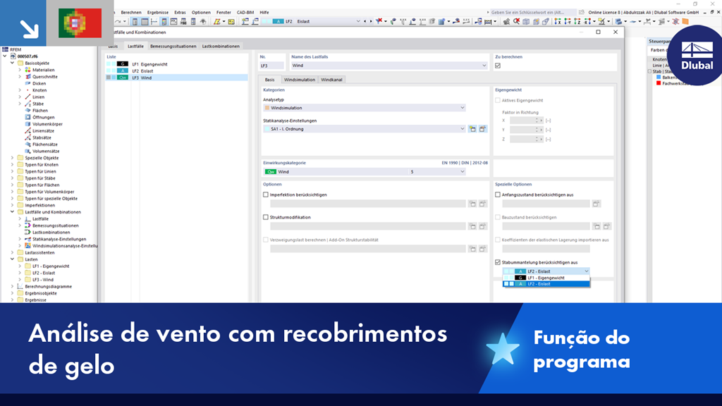 Representação visual da análise de vento com bandeiras de gelo para simulação de fluxo num modelo técnico.