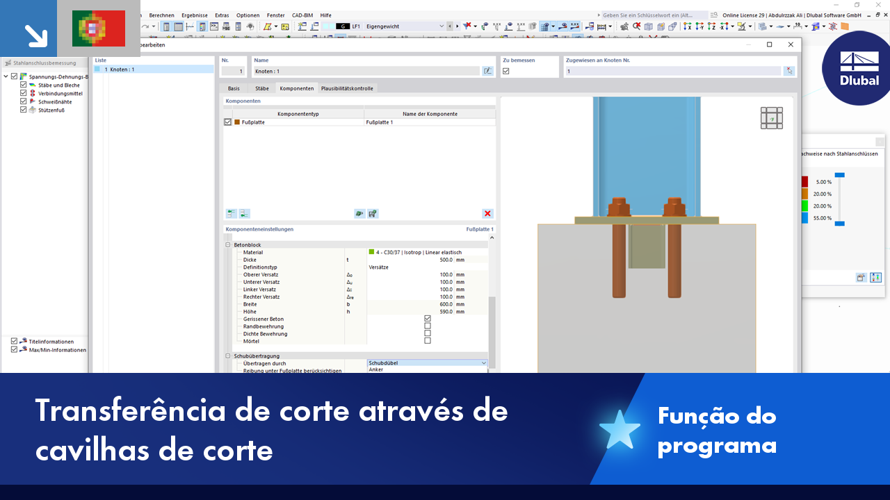 Visualização da transferência de corte através de cavilhas de corte numa estrutura