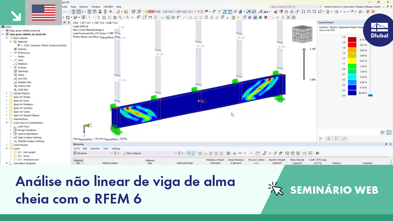 Imagem de ecrã de um seminário web sobre a análise não linear de vigas de alma cheia utilizando as ferramentas de software RFEM 6.