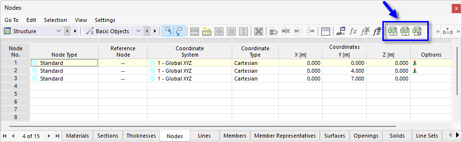 Botões para Intercâmbio de dados com o Excel na barra de ferramentas das tabelas