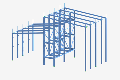 Análise estrutural de um edifício com vários vãos, pórticos e apoios intermédios, ideal para complexos industriais de grandes dimensões.
