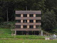 Vista frontal da Torre da floresta em Friburgo, um cubo simples de madeira e vidro integrado na natureza
