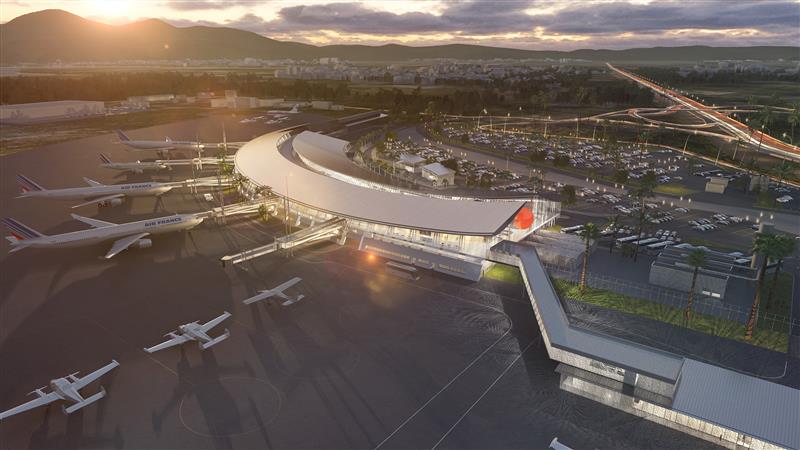 Renderização 3D do aeroporto de Aimé Césaire ao pôr do sol | © AIA Life Designers, arquitetos