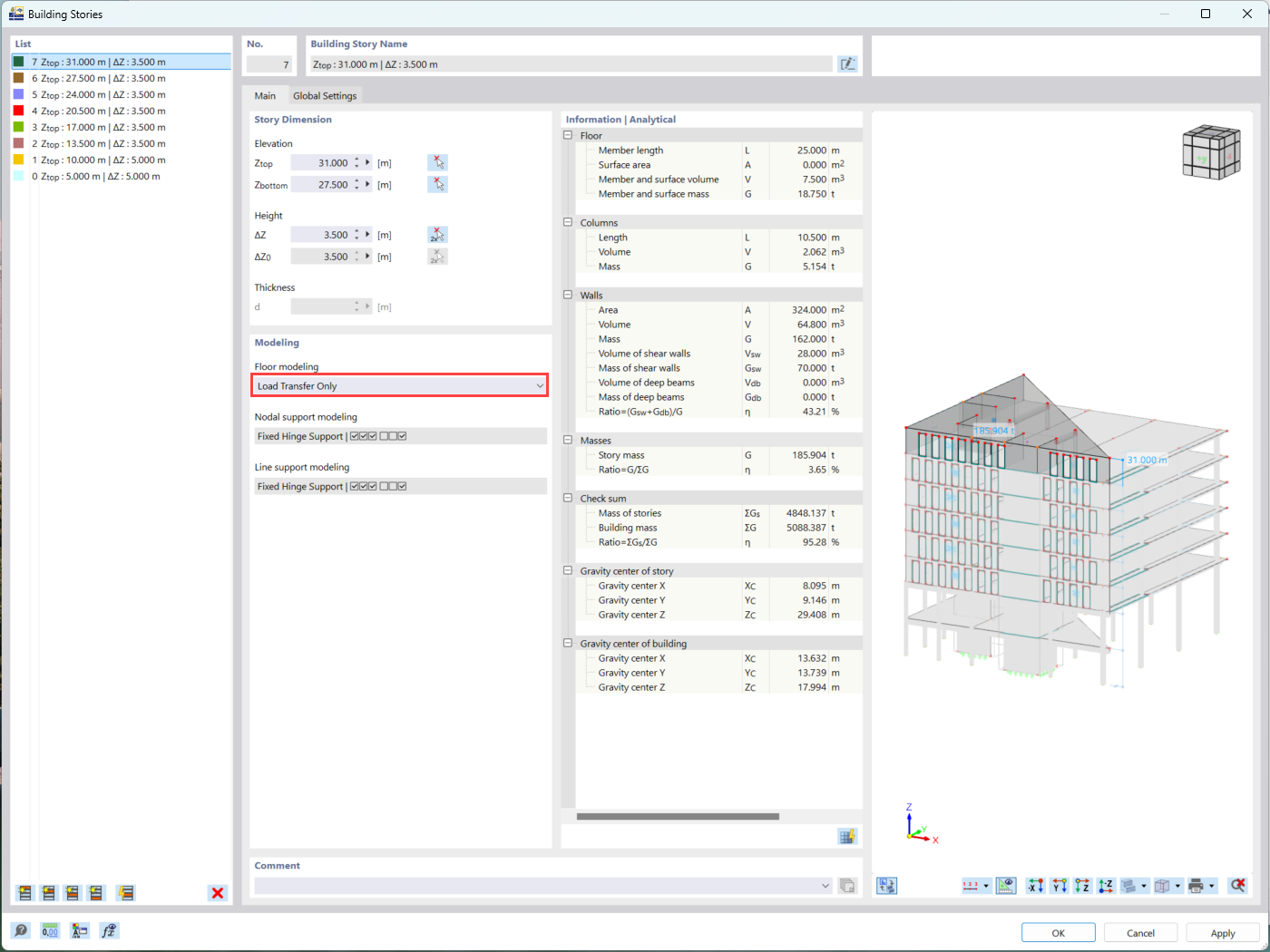 A imagem representa o tipo de piso "Apenas transferência de carga" na função "Modelo do edifício", ilustrando a sua função dentro de software estrutural.
