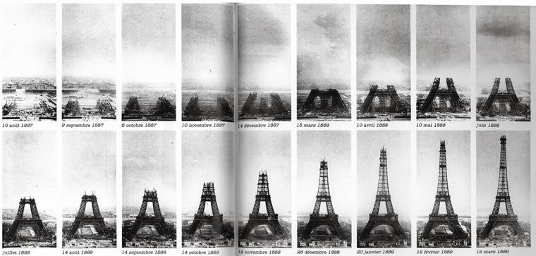 Construção passo-a-passo da Torre Eiffel, desde a fundação até ao topo da antena, mostrada em fotografia time-lapse.