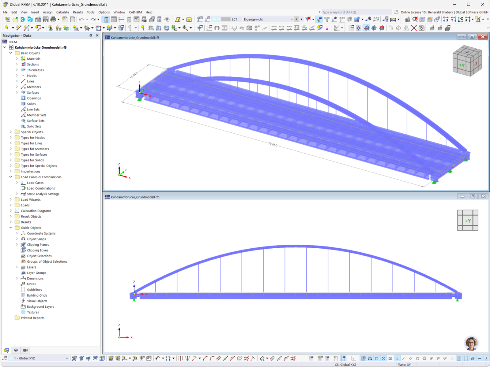 Modelo estrutural da ponte Kuhdamm em Wustermark com detalhes estruturais representados no RFEM