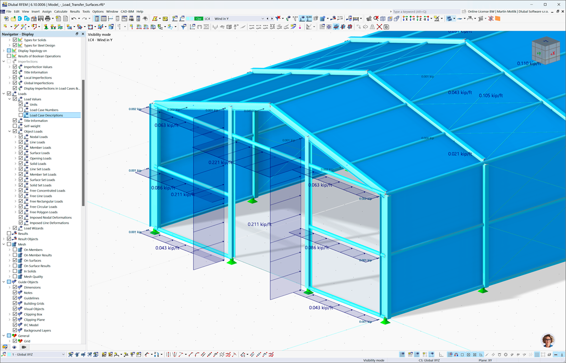 Interface do RFEM 6 mostrando um pavilhão de aço com cargas de vento aplicadas pelo assistente de cargas de vento