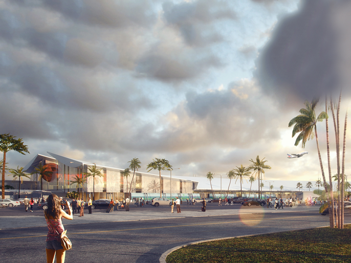 Renderização 3D do terminal renovado do aeroporto Aimé Césaire na Martinica, incluindo a esfera vermelha simbolizando a Montanha Peleé | © AIA Life Designers, arquitetos