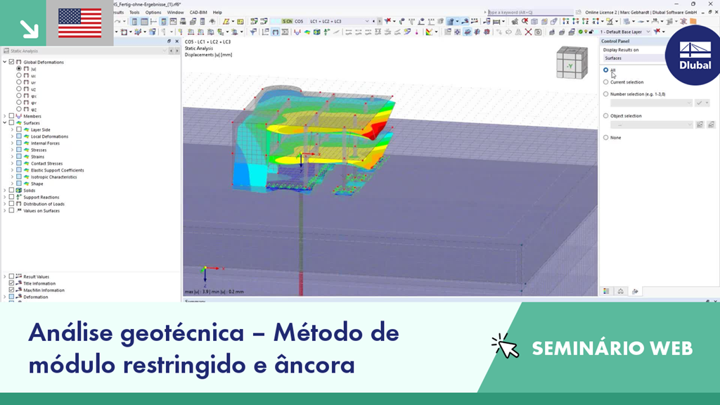 Slide de seminário web sobre a análise geotécnica no RFEM 6, com foco no método do módulo de constrangimento e técnicas de ancoragem
