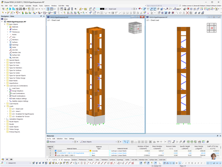 Análise estrutural de torre de madeira com o RFEM, representação da estrutura na fase de construção.