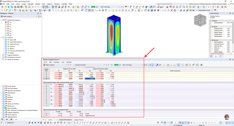 Forças de apoio de Simulação de Vento no RFEM