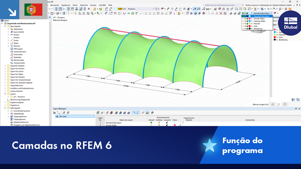 Visualização da função camada no RFEM 6 para uma edição eficiente de modelos complexos.