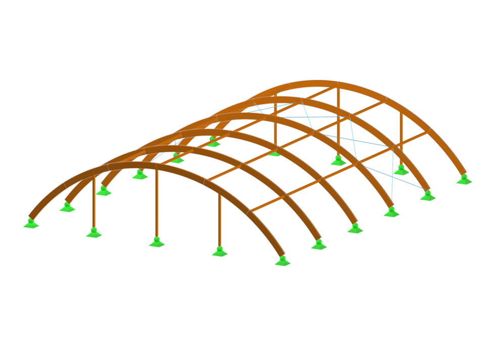 Estrutura de madeira de um pavilhão com arco de cobertura e detalhes estruturais mostrando os elementos estruturais