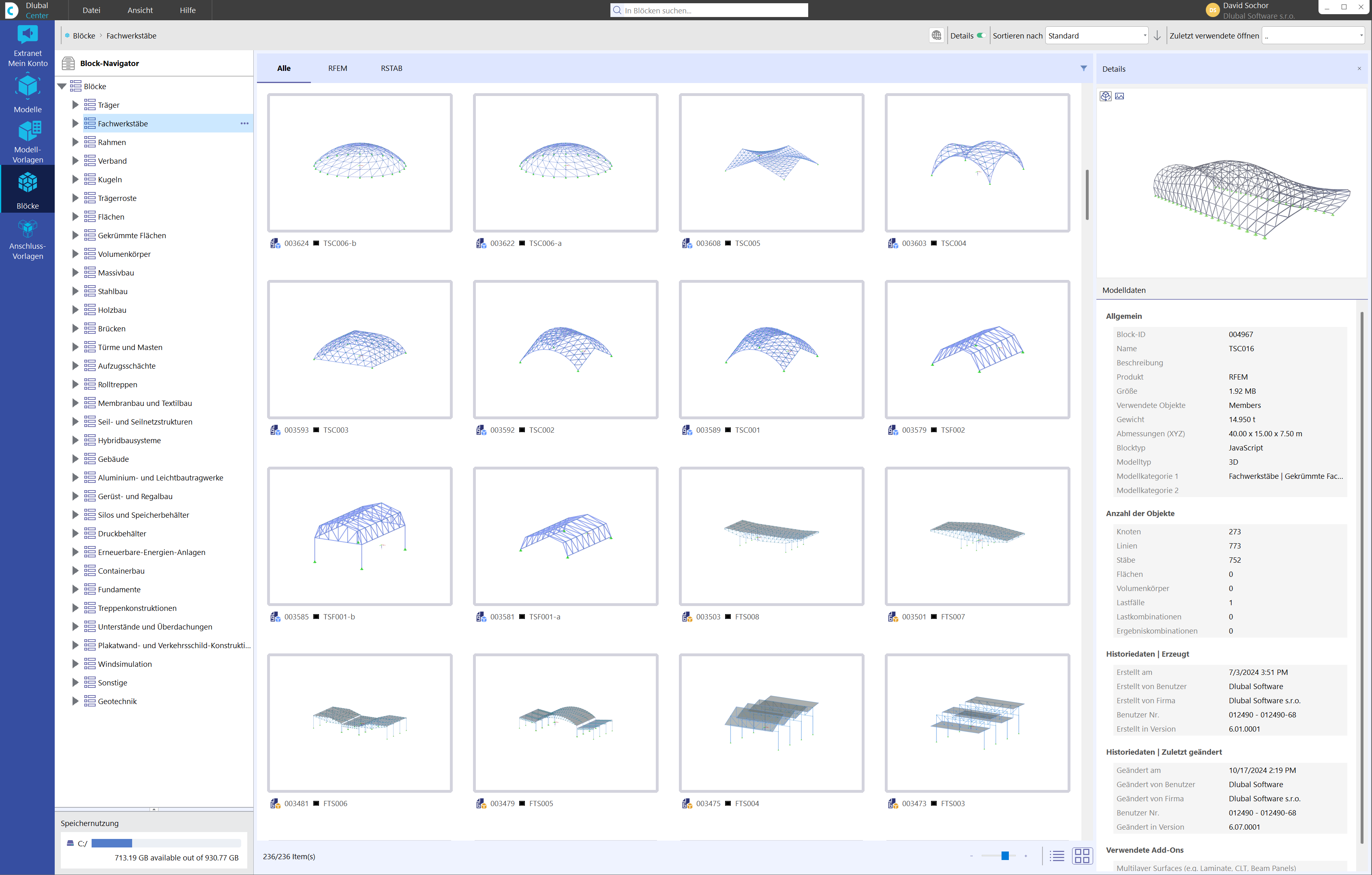 Visualização da gestão centralizada de projetos e modelos no Dlubal Center com detalhes e gráficos.