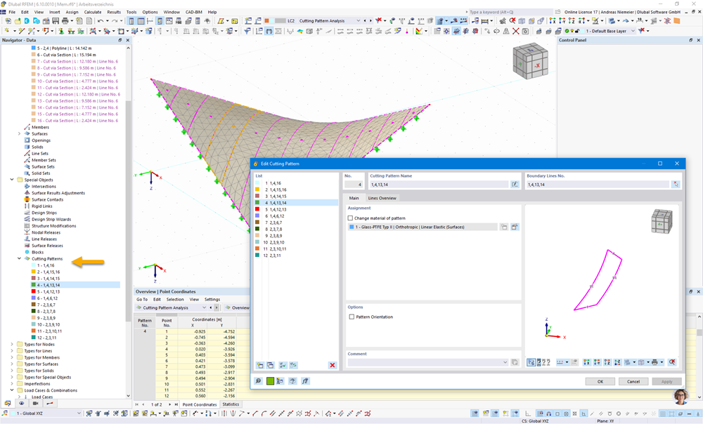 Estrutura de membrana modelada no RFEM 6 com padrões de corte destacados para mostrar as capacidades da interface.