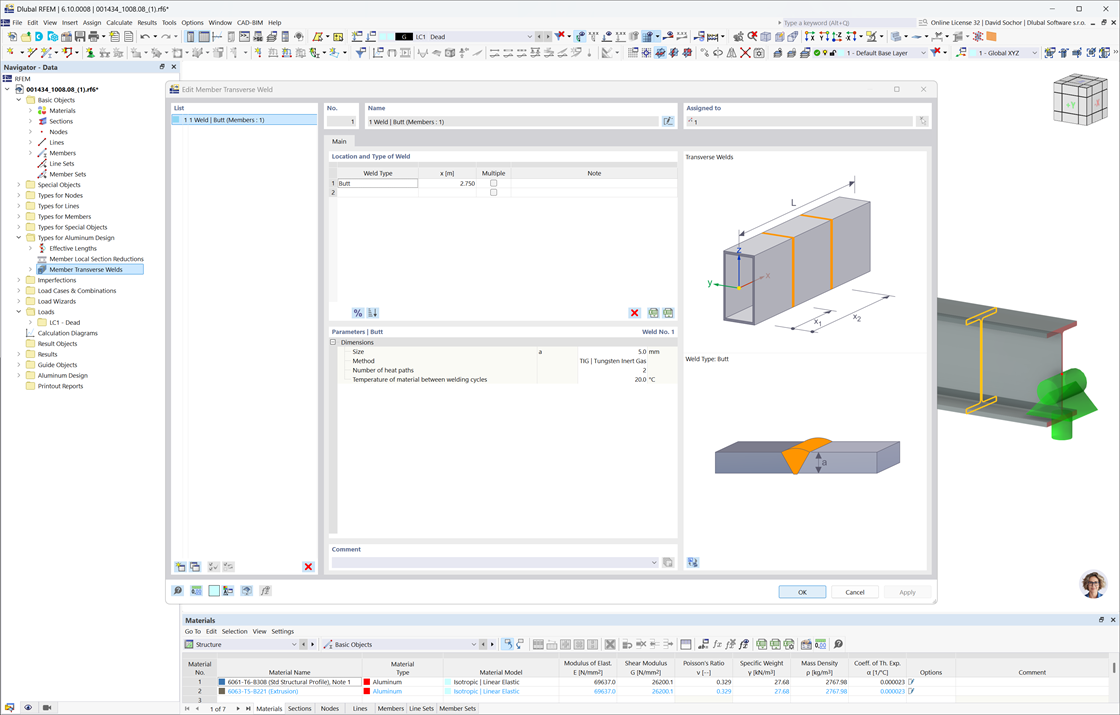 Janela de diálogo a mostrar a edição de soldadura transversal no RFEM 6 com opções para dimensionamento de alumínio segundo as normas EN 1999-1-1.