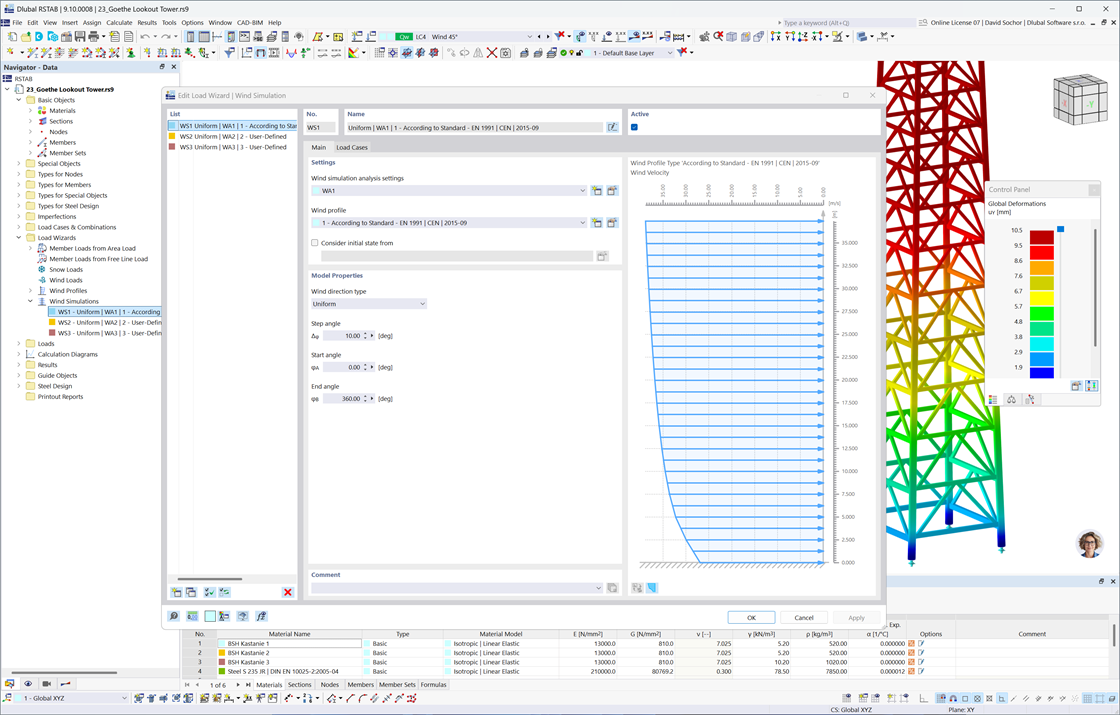 Caixa de diálogo do RSTAB 9 para configurar cargas de vento utilizando RWIND, mostrando configurações de túnel de vento e perfil.
