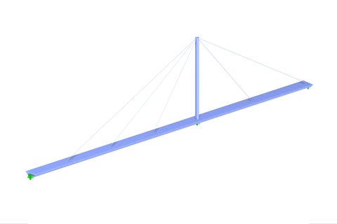 Modelo de ponte suspensa para peões com destaque para cabos de tração e elementos de design arquitetónico.