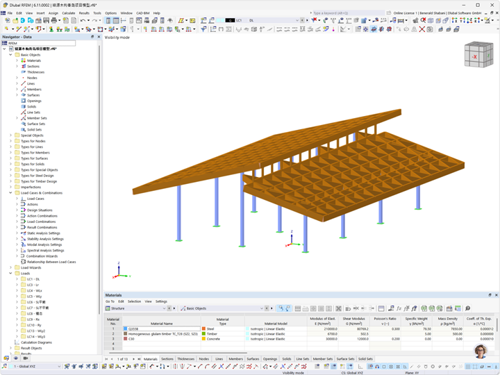 Representação 3D de uma cobertura em grelha de madeira, apoiada em pilares de aço, concebida por Shanghai Zhenyuan Timber Structure Design Engineering Co., Ltd.