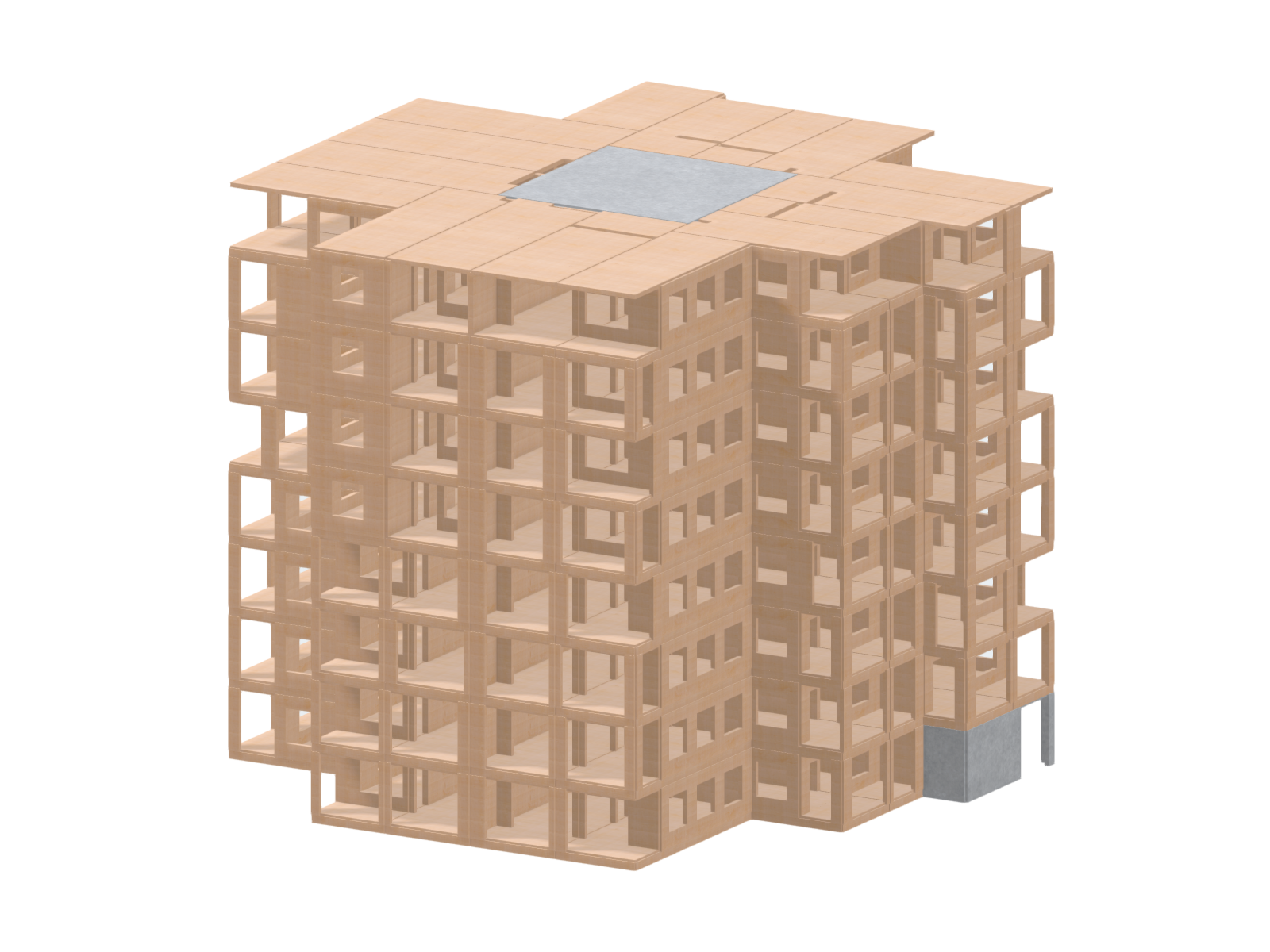 Modelo RFEM mostrando o planeamento estrutural das torres residenciais modulares Heimdalsporten em Trondheim, num esquema claro e técnico.