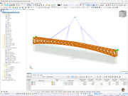 Modelo estrutural de uma ponte pedonal no RFEM 6, mostrando detalhes de elevação e interação entre componentes.