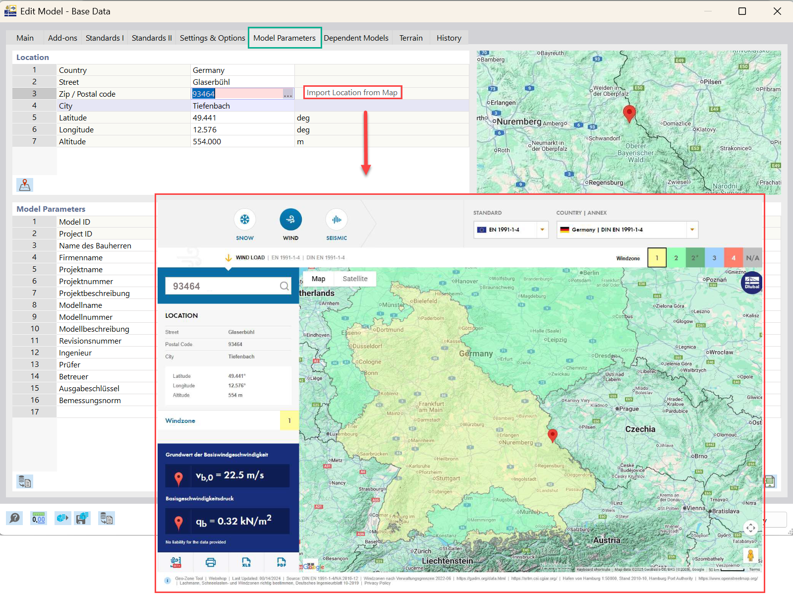 O gráfico ilustra o processo de importação da localização geográfica de um modelo a partir de um mapa na interface do software RFEM 6.