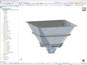 Modelo 3D de funil de saída com representação estrutural detalhada.
