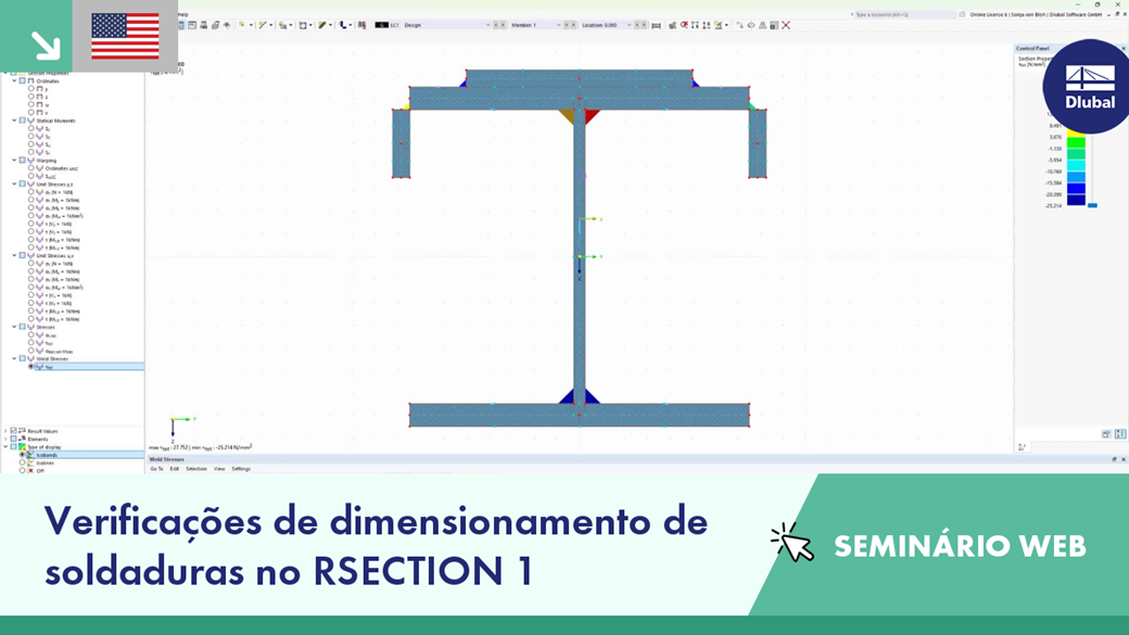 Slide de seminário web mostrando verificações de dimensinamento de soldadura no RSECTION 1 focado na validação e verificação de soldaduras.