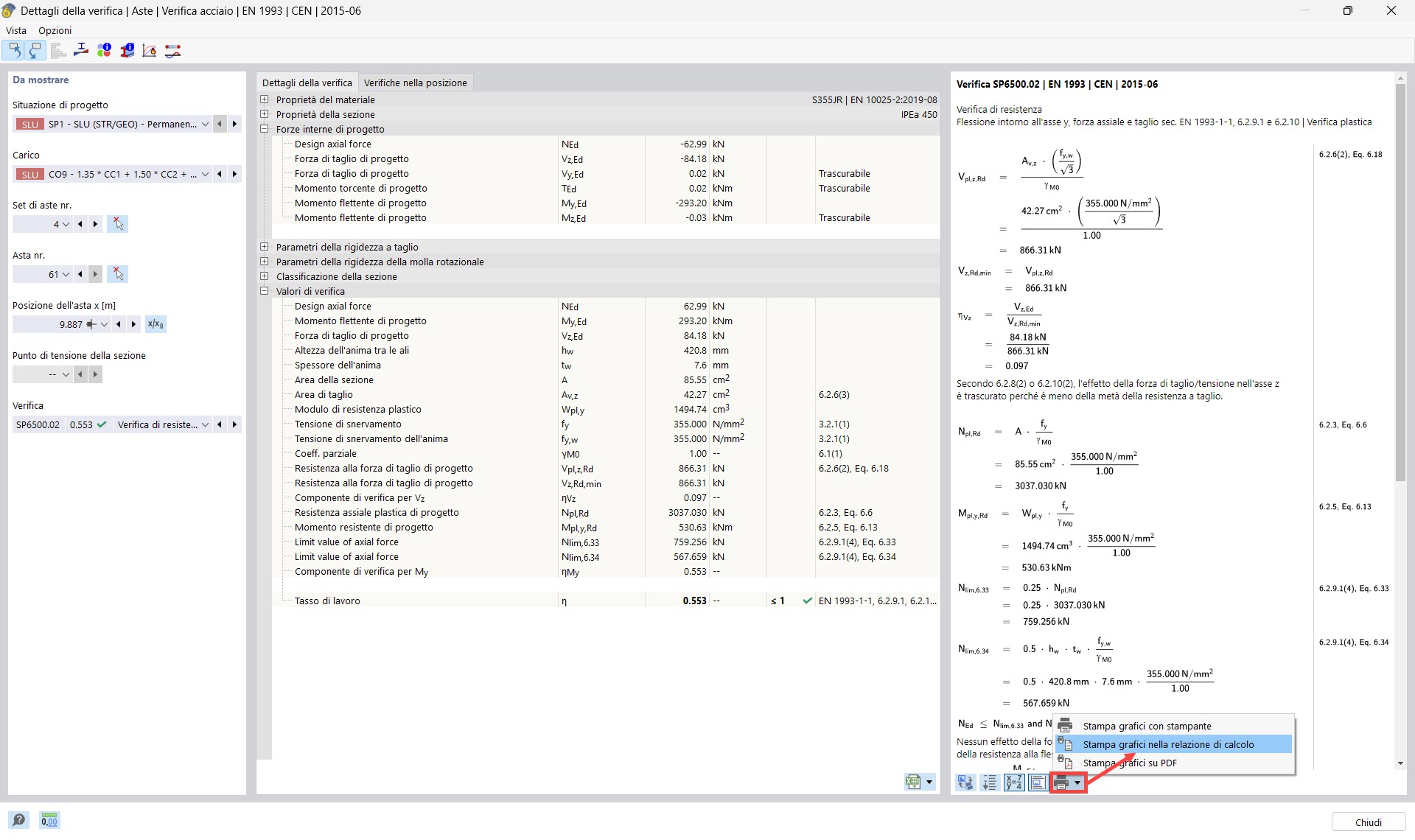 Detalhes do dimensionamento: impressão de gráficos no relatório de cálculo