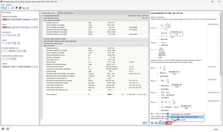 Detalhes do dimensionamento: impressão de gráficos no relatório de cálculo