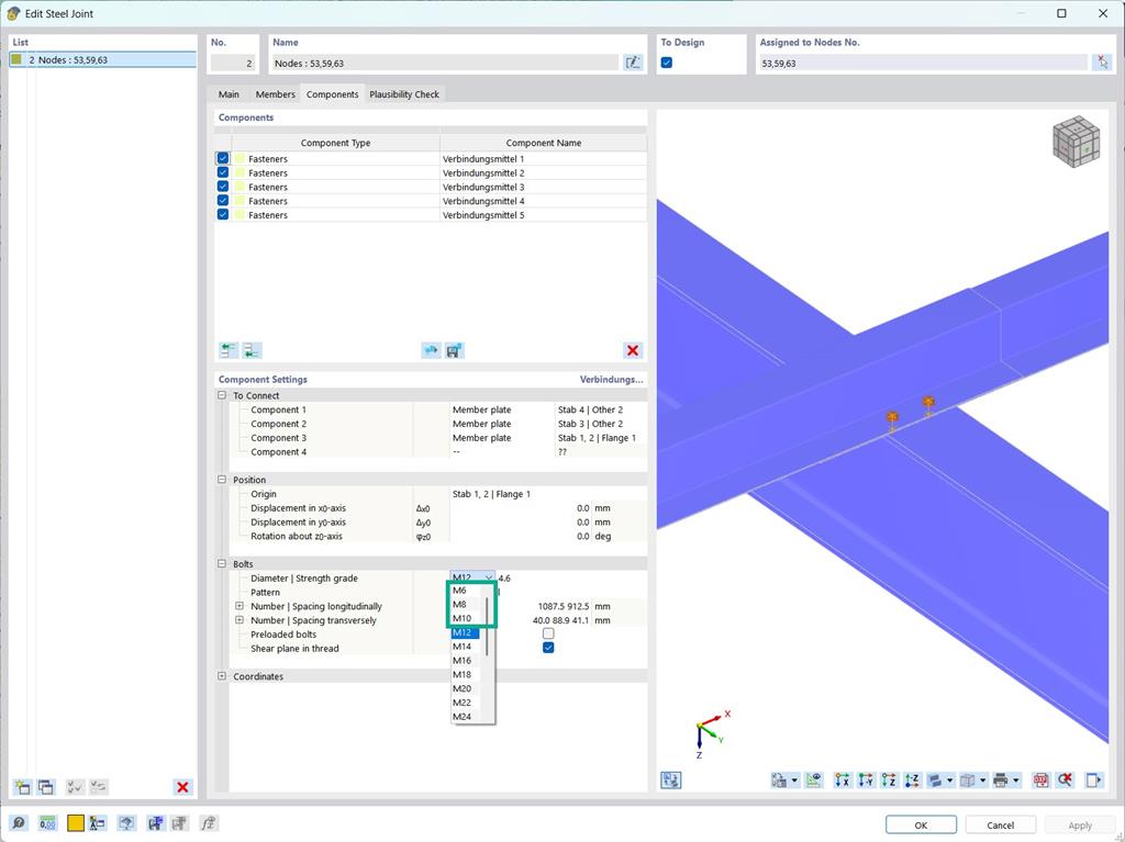 Diâmetros de parafuso expandidos no módulo Ligações de aço, M6 a M64 disponíveis.